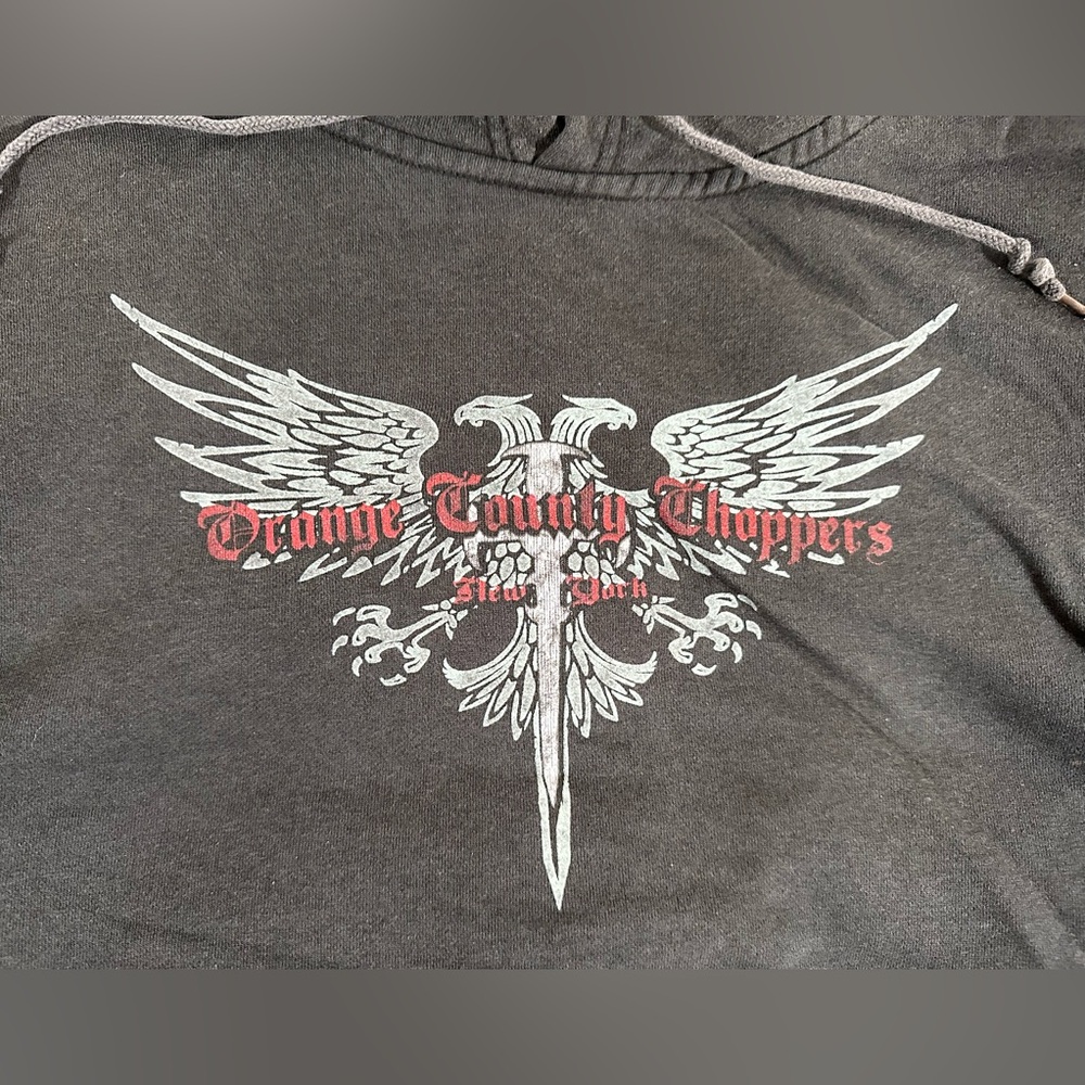 00’s Orange County Choppers Vintage Distressed Hoodie Medium Red Arm Stripes - Picture 2 of 15